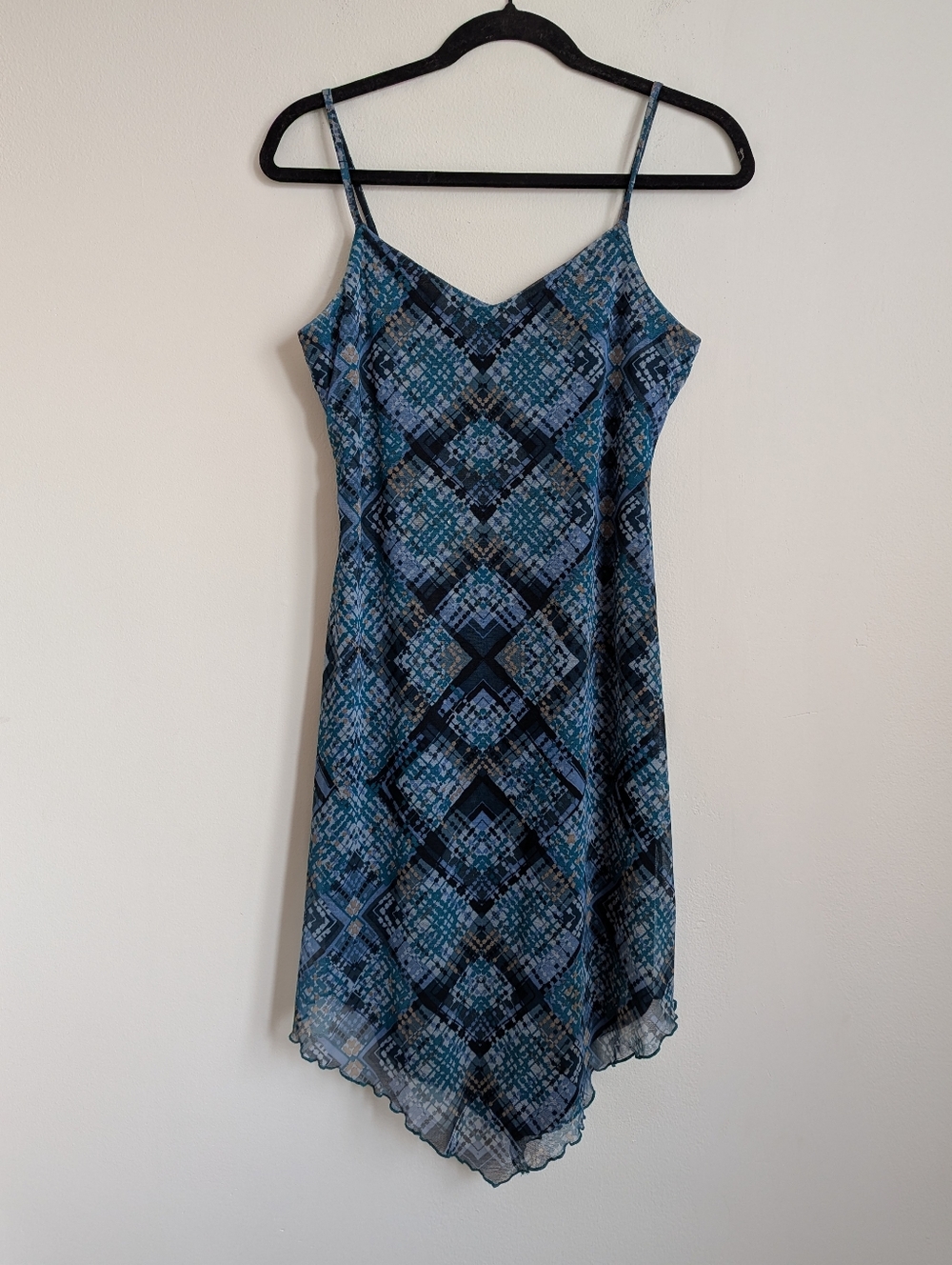 Vintage 90s Xhilaration Asymmetrical Mesh Handkerchief Dress Blue Geo Print